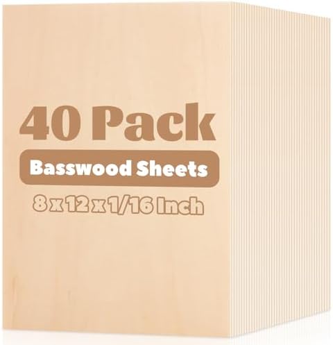 MIVIDE 40 Pack Basswood Sheets, 8"x12" Craft Plywood Sheets, 2mm Basswood for Laser Cutting, Plywood Board Unfinished Wood for Crafts DIY Ornaments and Models Engraving Drawing