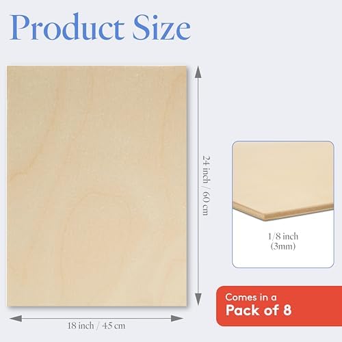 3 mm Baltic Birch Plywood 1/8 x 18 x 24 Inch, Box of 8 B/BB Grade Craft Wood, Stronger Than Basswood Sheets, for Laser, CNC Cutting and Wood Burning, by Woodpeckers