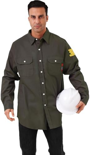 FR Shirts for Men 7oz Hi Vis Fire Resistant Shirts CAT2 Welding Shirt 100% Cotton Flame Resistant Shirt Dark Green(X-Large)