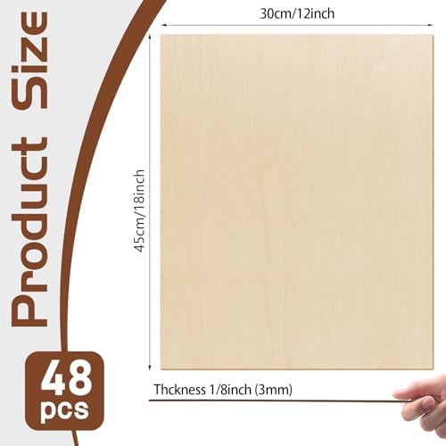 48 Pcs Basswood Sheets Plywood, 12 x 18 x 1/8 Inch - 3mm Thick Unfinished Wood Board for Crafts for Laser Cutting & Engraving, School DIY Projects, Painting, Fretwork, CNC Cutting, and Wood Burning