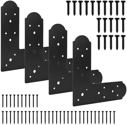 L Shape Steel Flat Bracket, 4 Pcs 10" X 10" Flat Fixing Mending Plates Black Flat Repair Plate Bracket with Screws Set for Wood Lumber Timber Connectors