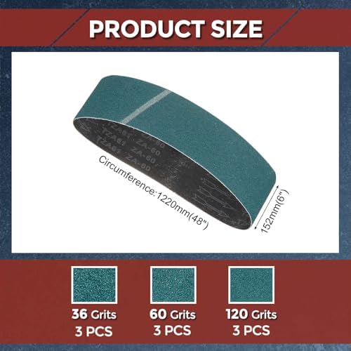 9 Pcs Sanding Belts, 6 x 48 Inch 36/60/120 Grit