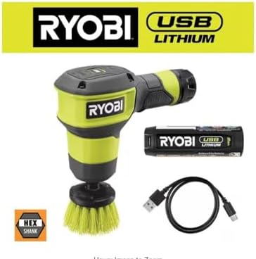 RYOBI USB Lithium Compact Scrubber Kit with 2.0 Ah Battery, USB Charging Cord, and 2 in. Medium Bristle Brush, Green