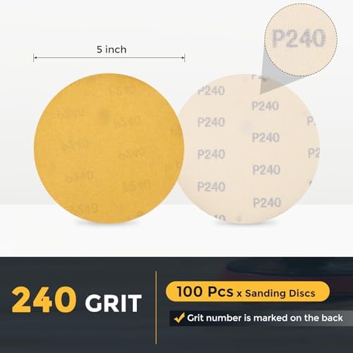HARFINGTON 100 Pcs 5 Inch Sanding Discs 240 Grit Yellow Aluminum Oxide