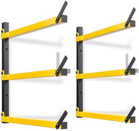 GREENER Lumber Storage Rack Folding Wood Storage Racks Wall-Mounted Metal Racks for Storage with 3-Level Heavy Duty Garage Wood Organizer for Woodworking Shop Indoor & Outdoor Use, 2 pairs,Yellow