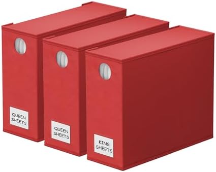 SpaceAid 3 Pack Bed Organizers and Storage, Foldable Sheet Organizer for Linen Closet, Set Folder Keeper With Window XL (Queen & King Size) Bedding Container (Red)