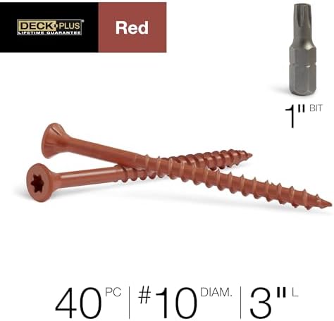 Deck Plus 3 Inch Epoxy Coated Exterior Wood and Fence Screws #10 x 3 Torx/Star Drive Included Coarse Thread, Outdoor Rust Resistant Decking Screw, Red, 40 Pieces | 42600