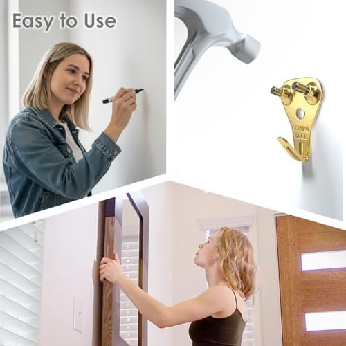 Picture Hangers Heavy Duty, Extra Thick, 50 lb, Decorative Hanging Hooks Hardware for Drywall and Plaster Walls with Large Nailers and Nails, Painting, 40pcs, Gold