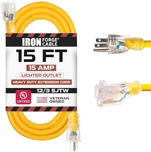 IRON FORGE CABLE 15 Foot Lighted Outdoor Extension Cord - 12/3 SJTW Heavy Duty Yellow Extension Cable with 3 Prong Grounded Plug for Safety, 15 AMP - Great for Garden and Major Appliances