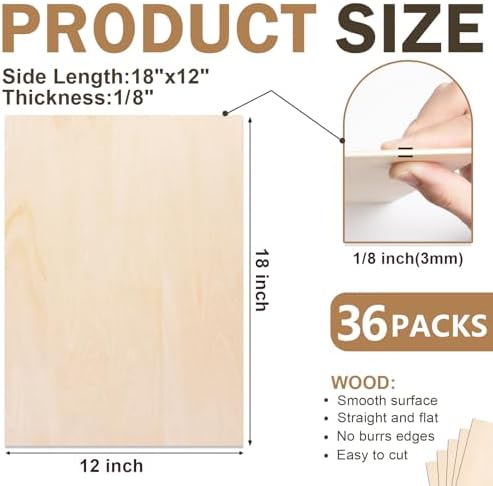 36 Pack Basswood Sheets for Crafts,18"x12"x1/8" 3mm Thick Plywood Sheets with Smooth Surfaces-Unfinished Squares Wood Boards for Laser Cutting, Wood Burning, Architectural Models, Staining