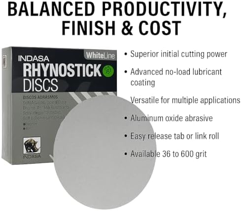 Indasa 5" Rhynostick White Line PSA Sanding Discs – 50 Series, Aluminum Oxide, No-Clog, Easy Release Tabs, 36-600 Grit, for Wood, Drywall & Auto Body Sanding. (5 Inch Sticky Bacj, 40, Coarse)