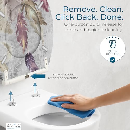 Sanilo Wooden Toilet Seat with Quick Release & Soft Close [ROUND] - Decorative & Slow Close Molded Wood Seat - With One Click for Easy Installation & Cleaning - With Adjustable Fit (Feathers)