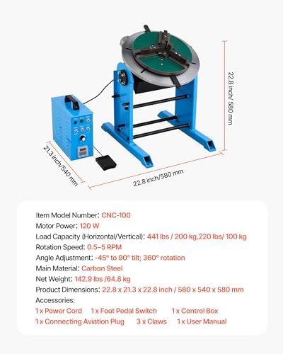 VEVOR Rotary Welding Positioner 66LBS / 30KG, 0-90° Welding Positioning Turntable Table 1-12RPM 80W, with 12.4 Inch 3-Jaw Lathe Chuck & Welding Torch Stand Holder for Cutting, Grinding, Assembly