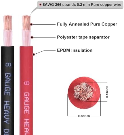 8 Gauge Battery Cable, 30FT Red + 30FT Black 8 AWG Pure Copper Wire Welding Cable, for Automotive, Battery, Solar and Generator, Standard USA OFC Wire