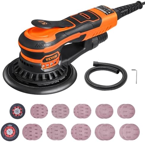 VEVOR Random Orbital Sander 5 & 6-Inch, 350W Brushless Orbital Sander, 10,000 PRM 6 Variable Speed Electric Palm Sander with 20PCS Sandpapers, Dust Connector & Hose for Woodworking Detailing Sanding