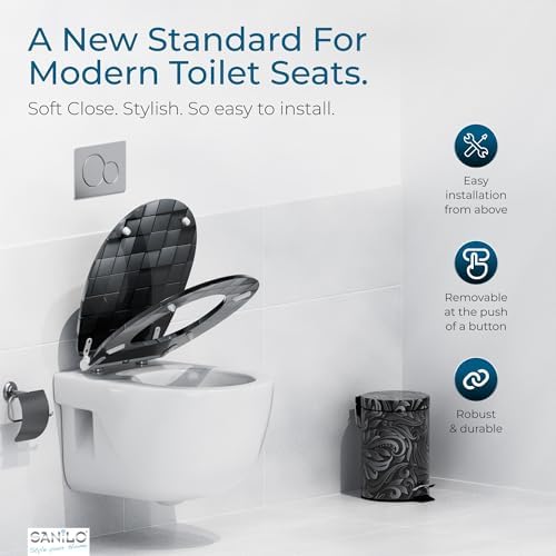 Sanilo Wooden Toilet Seat with Quick Release & Soft Close [ROUND] - Decorative & Slow Close Molded Wood Seat - With One Click for Easy Installation & Cleaning - With Adjustable Fit (Cube)