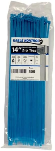Kable Kontrol Cable Zip Ties, 14 Inch, 500 Pcs, 50lbs Test, FL Blue | Nylon Plastic, Self Locking, UL Listed, Indoor Use