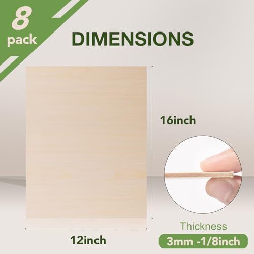 8 Pack Maple Plywood Sheets, 12 x 16x 1/8 Inch, 3mm Plywood for Laser Cutting, Thin Unfinished Wood Sheets for Architectural Models, Wood Burning and DIY Wood Crafts