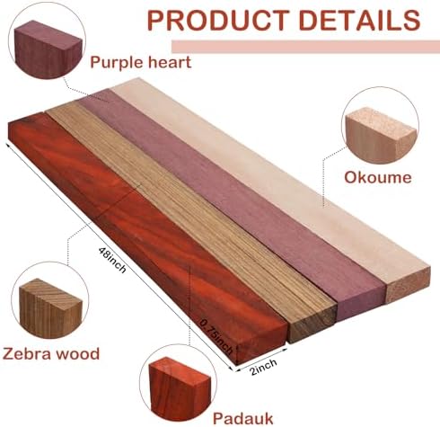 8 Pcs Purpleheart, Zebrawood, Padauk, Okoume Wood Exotic Wood Hardwood Lumber Board 3/4" x 2" x 48" Imported Exotic Hardwood Variety Pack for Craft of Woodworking Cutting Boards Processing