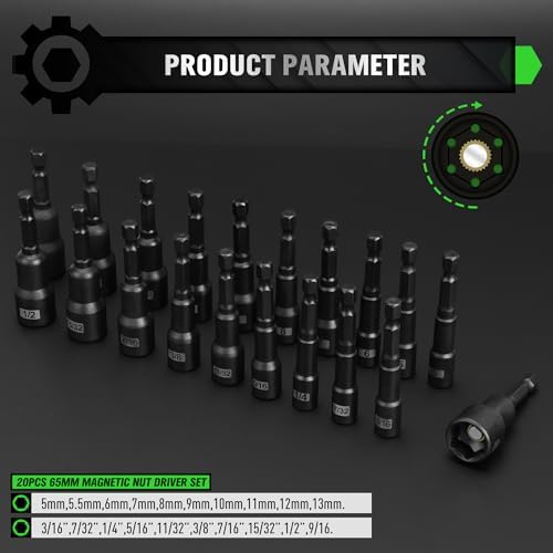 Magnetic Nut Driver Set, 20-Piece Metric & SAE 1/4" Hex Shank, Drill Socket Set, Impact Driver Bit Sets, Magnetic Bit Holder with Aluminum Alloy Snap Clip, 65mm Long Hex Bits, Quick Change Tool