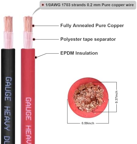 1/0 Gauge Battery Cable, 20FT Red + 20FT Black 1/0 AWG Pure Copper Wire Welding Cable, for Automotive, Battery, Solar and Generator, Standard USA OFC Wire