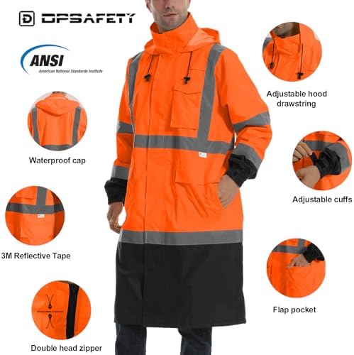 Hi Vis Rain Jacket with 3M Reflective Stripe,High Visibility Class 3 Rain coats,Safety Waterproof Rain Suits for Men with Hood and 2 Large Pockets construction work rain gear(Orange M)