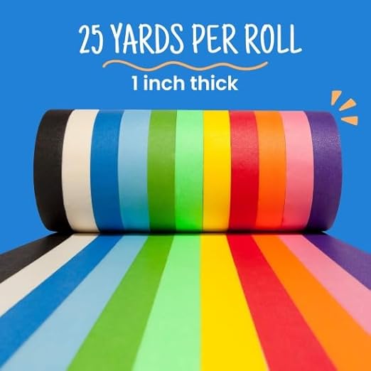 Craftzilla Colored Masking Tape - 11 Roll Multi- Pack, 825 Ft x 1 Inch - Colored Painters Tape for Arts & Crafts Labeling or Coding, Kids Art Supplies Color Tape Rolls, Colorful Masking Craft Tape