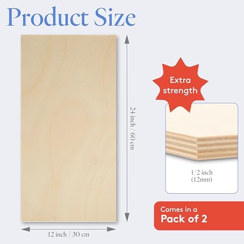 Baltic Birch Plywood 12 x 24 x 1/2 Inch - 12 mm Craft Wood, Pack of 2 B/BB Grade, Stronger Than Basswood Sheets or Balsa Wood, Perfect for Laser, CNC Cutting, Wood Shelves, by Woodpeckers