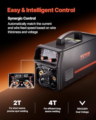 VEVOR Pro MIG Welder, 250A Pluse Mig Welding Machine, 5-in-1 Synergic Welder Machine MIG Pluse/Gas MIG/Flux Core MIG/Stick/Lift TIG, 110V/220V Dual Voltage Aluminum Mig Welder with LCD Screen Display