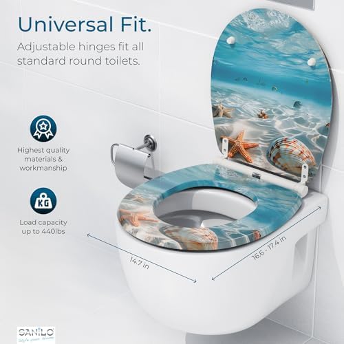 Sanilo Wooden Toilet Seat with Quick Release & Soft Close [ROUND] - Decorative & Slow Close Molded Wood Seat - With One Click for Easy Installation & Cleaning - With Adjustable Fit (Waterworld)