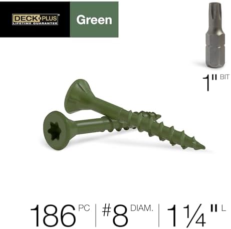 Deck Plus 1-1/4 Inch Epoxy Coated Exterior Wood and Fence Screws #8 x 1-1/4" Torx/Star Drive Included Coarse Thread, Outdoor Rust Resistant Decking Screw, Green, 1lb Box, 186 Pieces | 48396