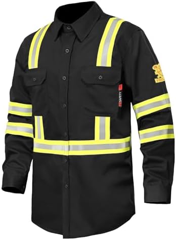 FR Shirts for Men 7oz Hi Vis Fire Resistant Shirts CAT2 Welding Shirt 100% Cotton High Visibility Flame Resistant Shirt Black(2X-Large)