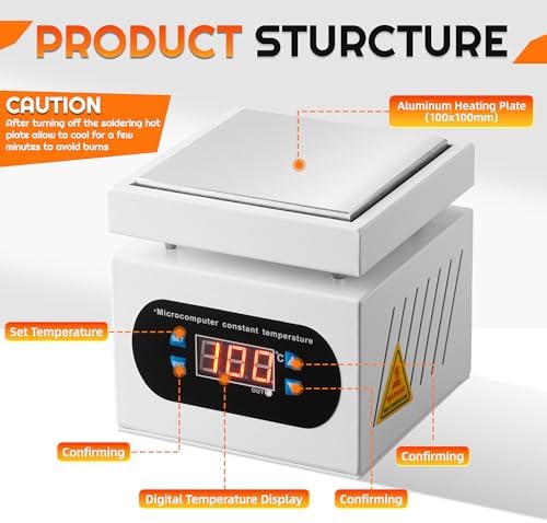 Soldering Hot Plate, PCB Preheater Rework Station with Digital Temperature Control, 100×100mm Heating Area for Multi-Point Heating, Electronics Repair, SMD Soldering, PCB Rework DIY110V 350W