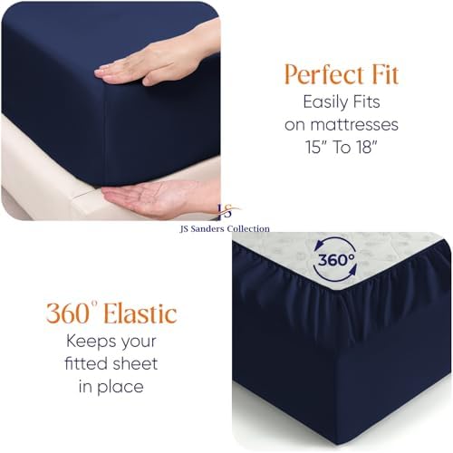 JS Sanders Collection 600TC Flex Top Queen Sheets for Sleep Number Bed - 100% Cotton 4 Pcs Top Split Queen Sheets for Adjustable Bed Queen 32 Inch Down Navy Blue -18 Inch Deep