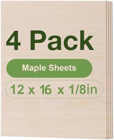 Rowood 4 Pack Maple Plywood 1/8,12x16x1/8inch,3mm Wood Sheets Thin Unfinished Maple Plywood for Laser Cutting and Engraving,DIY Adult Craft Project Kits for Ornaments, Models Drawing,Wood Burning