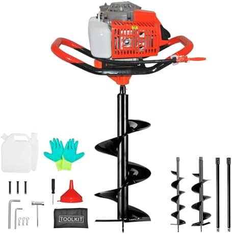85cc 4HP Post Hole Digger Gas Powered, Gas Earth Auger/Ice Auger, with 3 Drill Bits 4"/8"/12" + 2 Extension Bar, One Man Earth Auger for Planting Fence, EPA Compliant Post Hole Auger