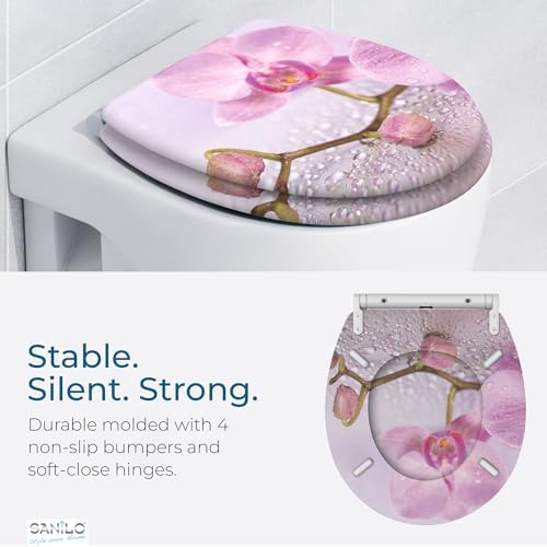 Sanilo Wooden Toilet Seat with Quick Release & Soft Close [ROUND] - Decorative & Slow Close Molded Wood Seat - With One Click for Easy Installation & Cleaning - With Adjustable Fit (Blooming)
