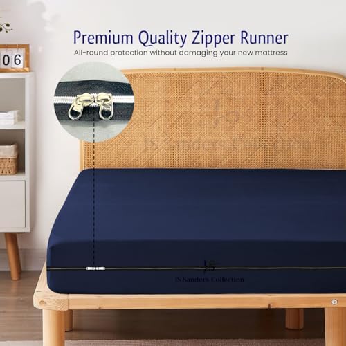 JS Sanders Zippered Mattress Protector Twin Size – Soft 100% Egyptian Cotton, 600 Thread Count Deep Pocket Fitted Sheet Encasement Cover for Bed Breathable, 12-16 Inch Fit, Navy Blue 39x75