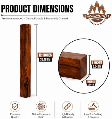 IECAP LLC Desert Ironwood Blanks Pack of 1 — Exotic Hardwood Lumber Block for Woodworking, Wood Carving & DIY Crafts — Natural Iron Wood for Knife Handles, Tool Grips & Pen Turning (12 x 1 x 1 Inches)