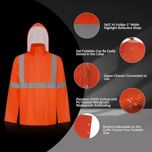 TCCFCCT High Visibility Rain Gear for Men - Waterproof High Vis Jacket & Pants, Class 3 Hi Vis Coat - Rain Suits for Men's Work & Outdoors, 4XL-5XL Orange WP