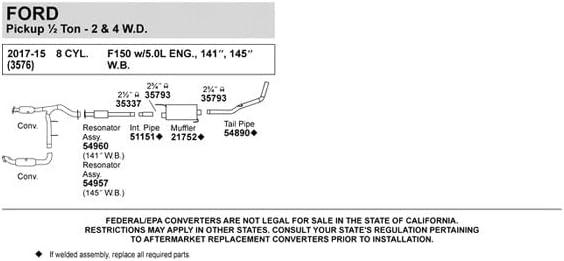 Walker 54960 Direct Fit Exhaust Resonator and Pipe Assembly 2.5" Outlet (ID) for Ford F-150