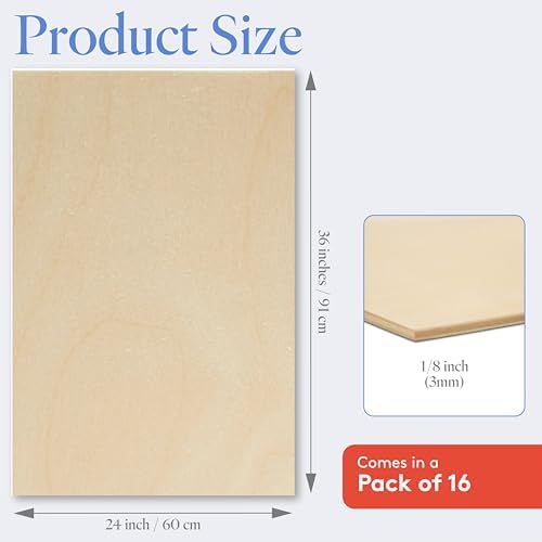Baltic Birch Plywood 24 x 36 x 1/8 Inch - 3 mm Craft Wood, Pack of 16 B/BB Grade, Stronger Than Basswood Sheets or Balsa Wood, Perfect for Laser, CNC Cutting, Wood Burning, by Woodpeckers
