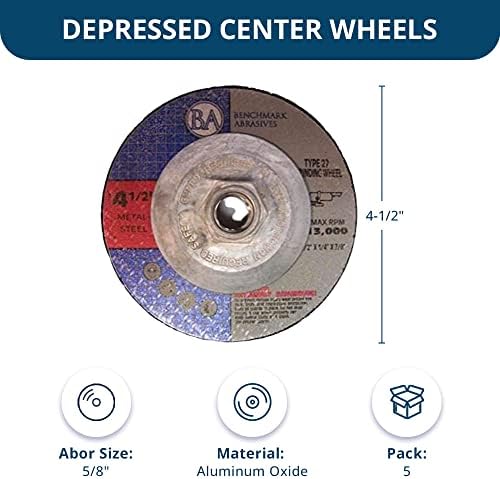 Benchmark Abrasives Grinder Cut Off Wheels 4 1/2 Inch Aluminum Oxide Depressed Center Type 27, 5/8"-11 Threaded Flange, 1/4" Thick Angle Grinder Cutting Disc Grinding Cutting Wheel - 10 Pack