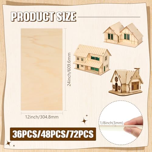 Riakrum Basswood Sheets Plywood Board Unfinished Wood Boards for Crafts for DIY Laser Projects Architectural Mini House Building Hobby Model Making(12 x 24 x 1/8 Inch,48)
