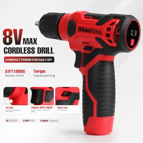 KingTool 156-Piece Red Tool Kit, 8V Cordless Drill for Home Repairs & DIY
