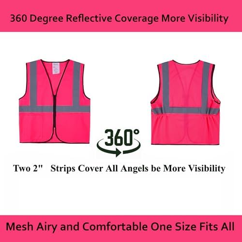Pink Safety Vests 10 Pack - Reflective High Visibility Construction ANSI Class 2 Work Vests for Men,Woman with Zipper,Hi Vis Mesh and Neon Silver