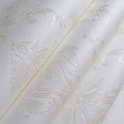 AMINAH DECO Cream White Damask Decorative Textured Floral Wallpaper Non-Woven Wall Paper Home Decoration,20.8 in X 393.00 in [ Not Peel and Stick ]