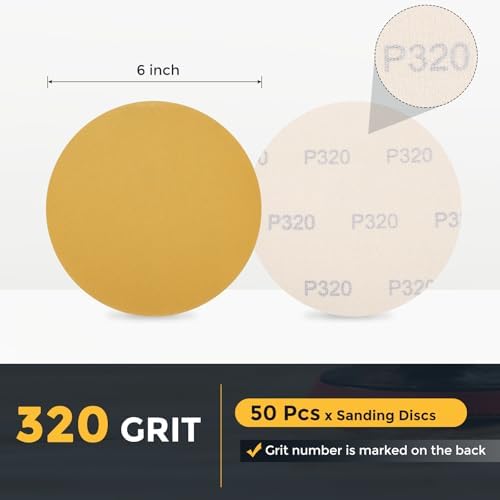 HARFINGTON 50 Pcs 6 Inch Sanding Discs 320 Grit Yellow Aluminum Oxide
