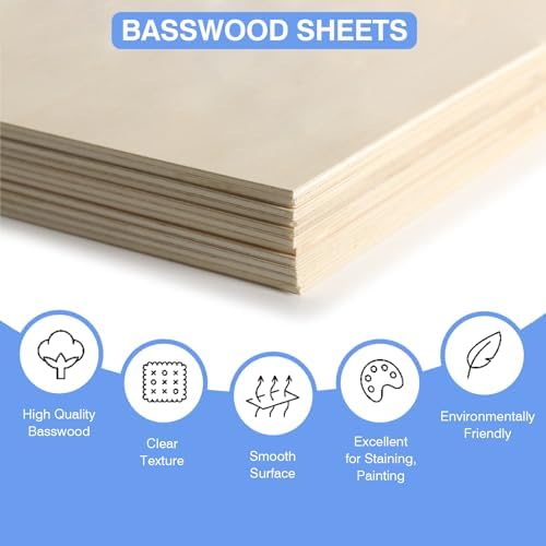 12 Pack Basswood Sheets for Crafts 12 x 18 x 1/8 in, 3mm Thick Unfinished Plywood for Laser Cutting & Engraving, DIY Ornaments and Architectural Model