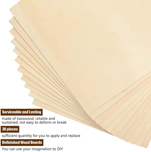 Riakrum Basswood Sheets Plywood Board Unfinished Wood Boards for Crafts for DIY Laser Projects Architectural Mini House Building Hobby Model Making(12 x 12 x 1/16 Inch,36)